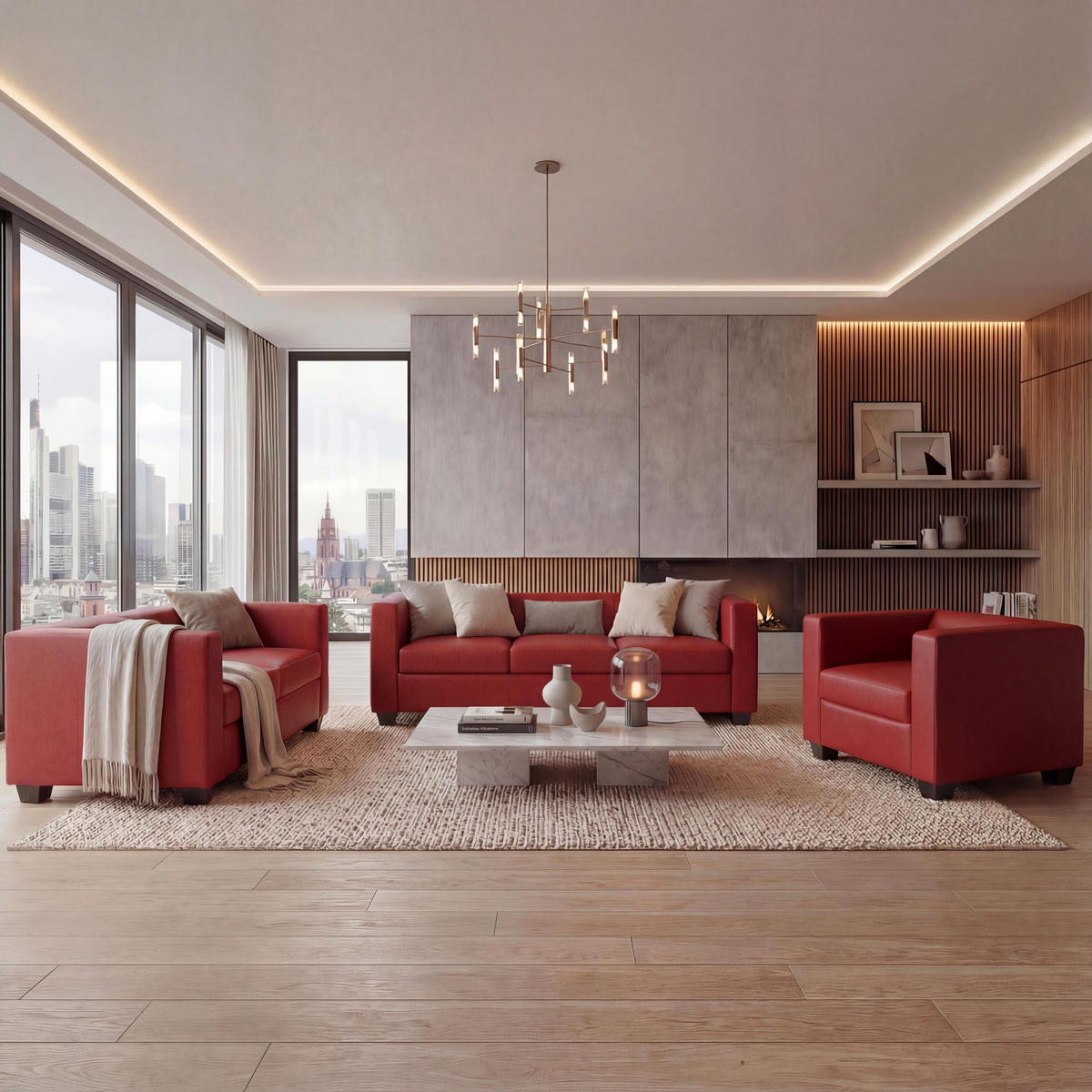 3-2-1 SOFAGARNITUR Rot - Rot, Leder (400/70/300cm) - MCW