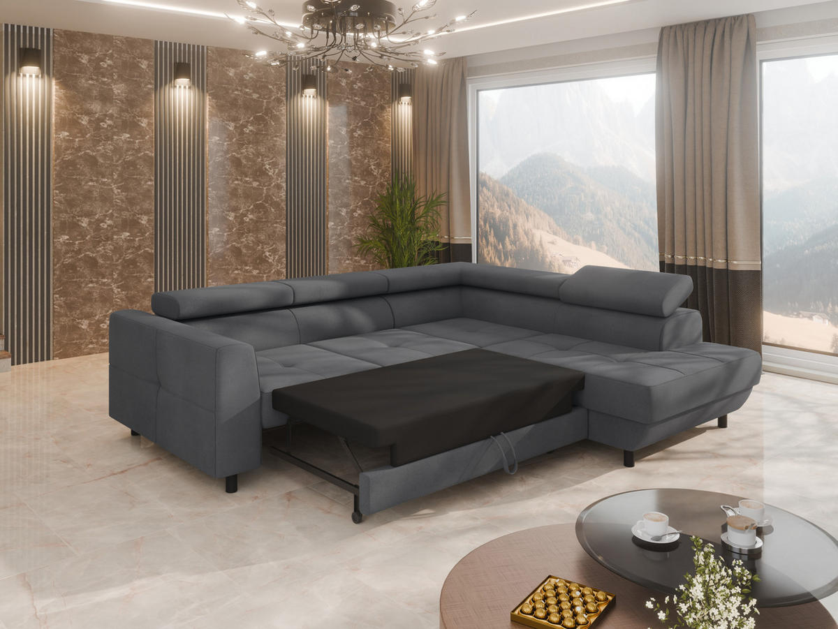 ECKSCHLAFSOFA Vena III mit Schlaffunktion und Bettkasten, Rechts montierbar, Grau - Grau, Holz (254/199cm) - Homesy