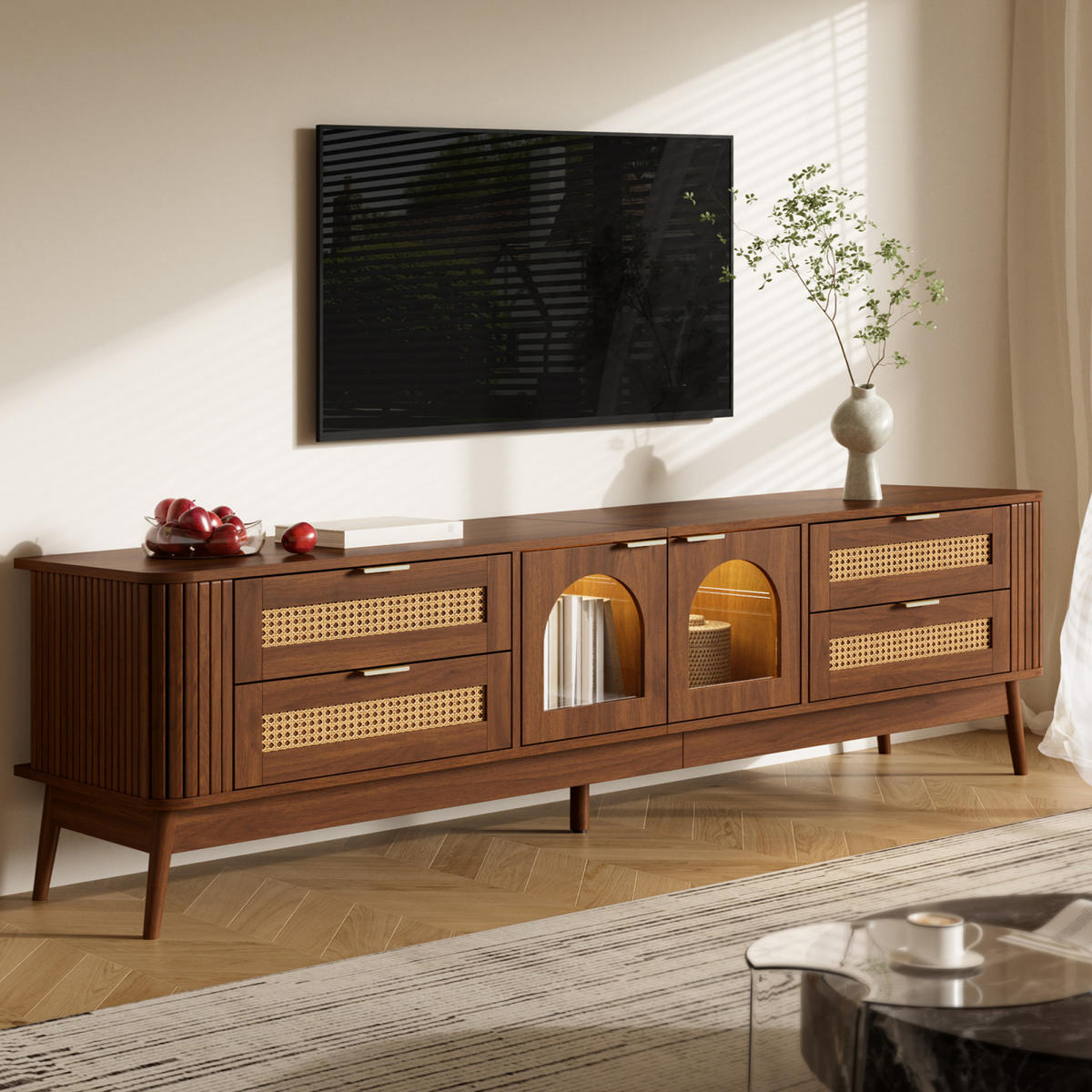 TV-LOWBOARD 180 x 40 x 50 cm, Glastüren, Schubladen, LED, modernes Design, Walnuss - Walnussfarben, Holzwerkstoff (180/50/40cm)