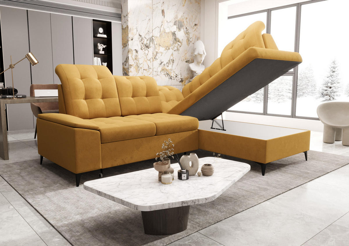 ECKSOFA KONGO RBN16, Eckcouch in L-Form mit Schlaffunktion, Farbe: Graphit, Velourstoff, Ottomane Rechts - Schwarz, Textil (268/210cm) - O-Sofa