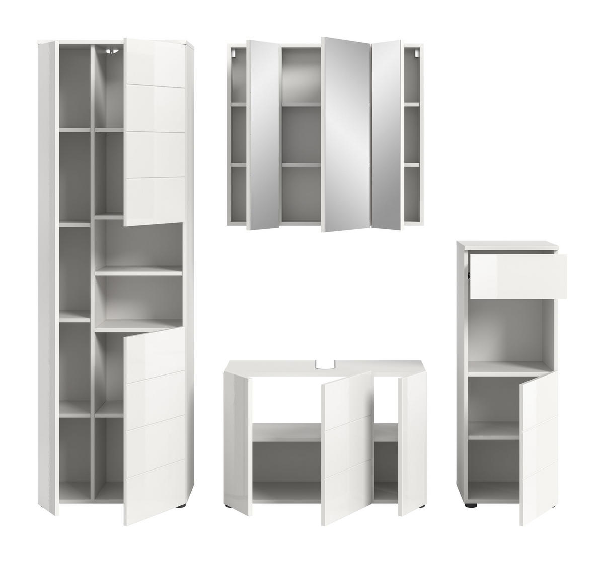 BADKOMBINATION 4tlg. Vira Bad in weiß Melamin und weiß hochglanz B/H/T: 210x190x34 cm - Weiß, Holz (210/190/34cm)