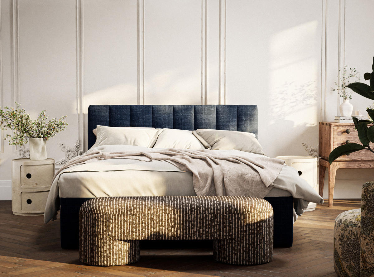 BOXBETT 180/200 cm Lovage S, in Marineblau, Matratze, gepolstertes Kopfteil, Bettkasten, H3 = fest - Schwarz/Dunkelblau, Holz/Holzwerkstoff (180/200cm) - Maison de Reve