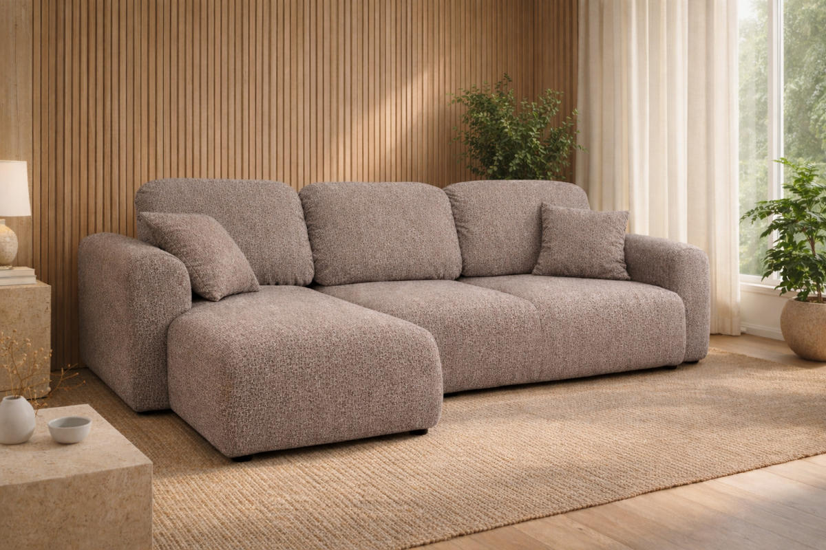 ECKSOFA Mit Schlaffunktion Und Bettkasten, Sofa L-Form Bingo L, Chenille-Stoff Artico, Beige, Links - Beige, Holz (250/142cm) - Kaiser Möbel