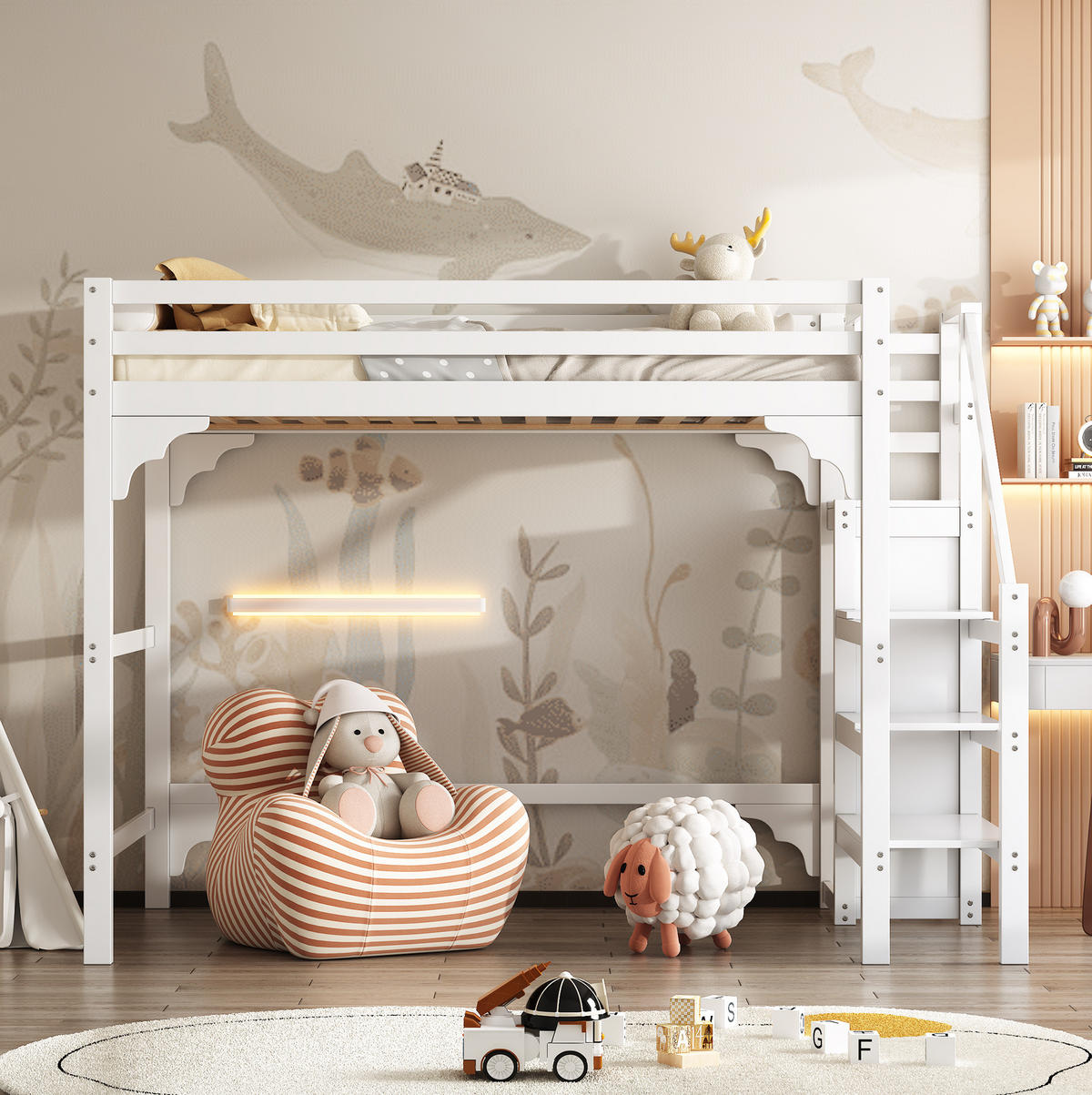 HOCHBETT 140/200 cm Weiß mit Kleiderschrank und Stauraumtreppe - Weiß, Holz (140/200cm) - Flora Grace
