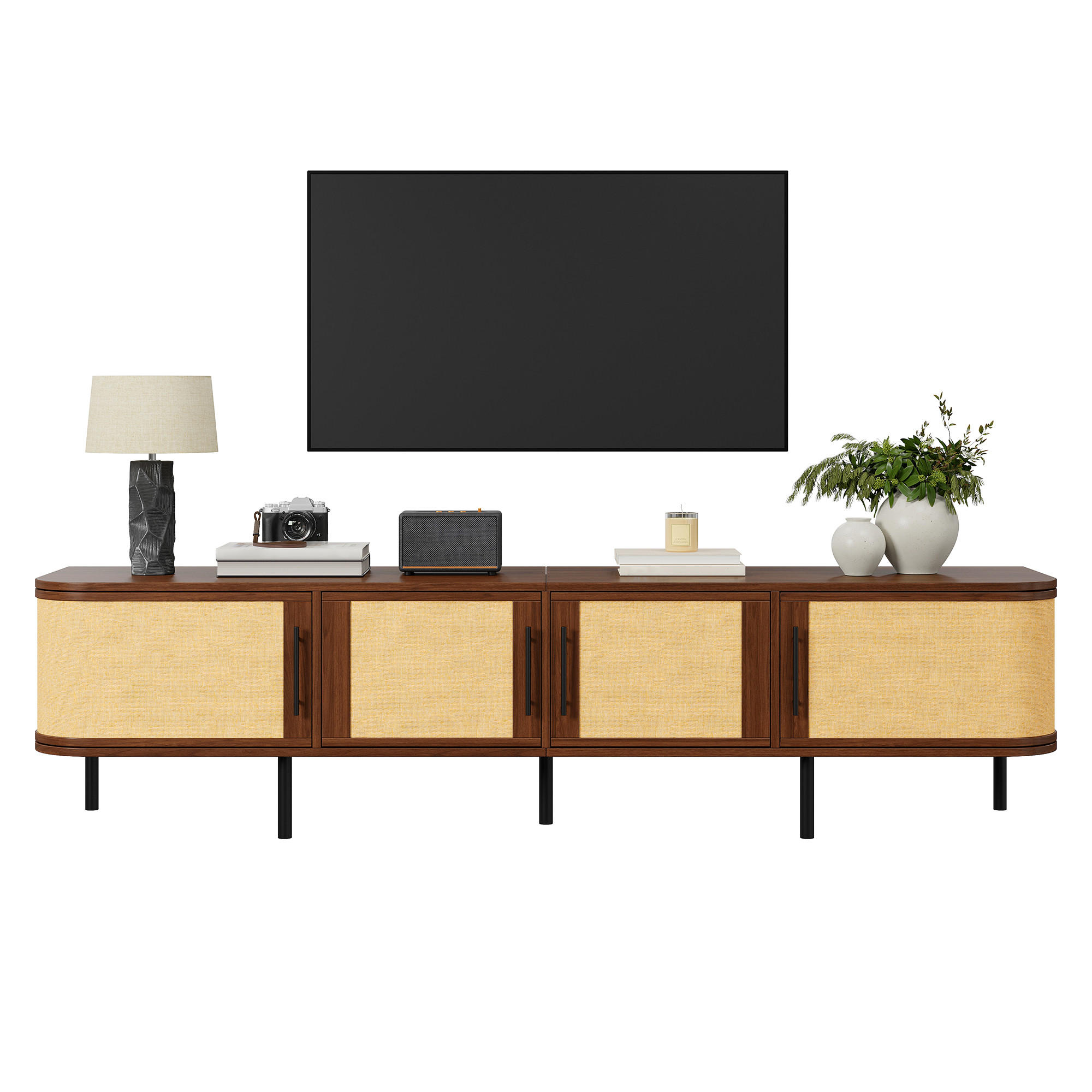 TV-LOWBOARD 180 x 40 x 45 cm aus MDF, Rattanoptik, 4 Türen, Metallfüße, Walnuss - Walnussfarben, Holzwerkstoff (180/45/40cm)