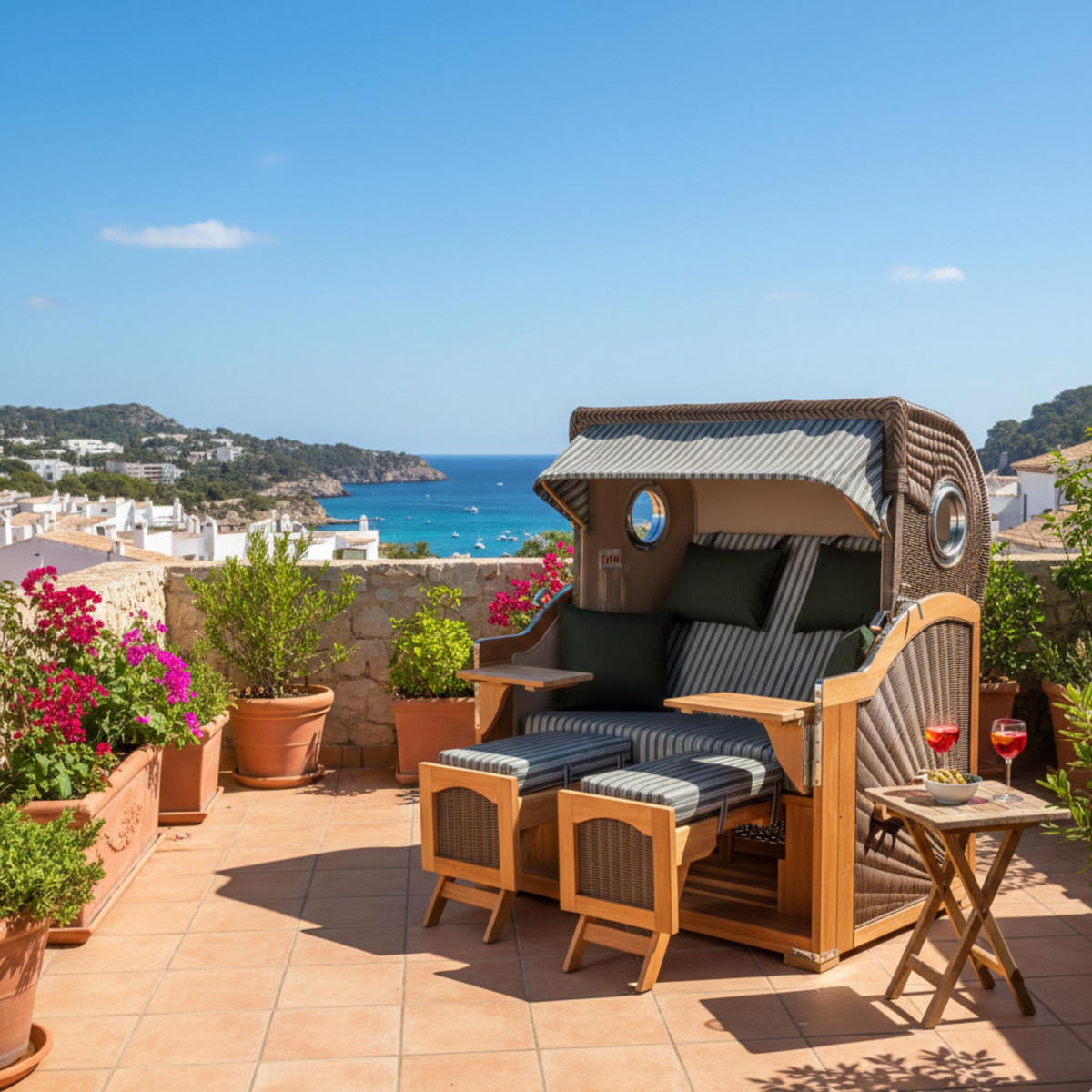 STRANDKORB Düne Grande Bullauge Teak PE Grey Dessin 504 - Braun/Grün, Metall (142/170/95cm) - Mr. Deko