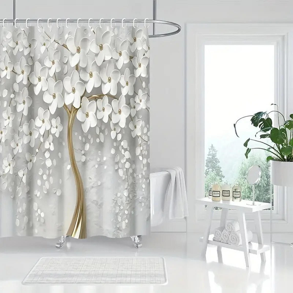 DUSCHVORHANG Weiß floral Blumen Muster mit Haken ideal für Dekoration Badezimmer - Weiß, Textil (180/180cm) - MCBOSON