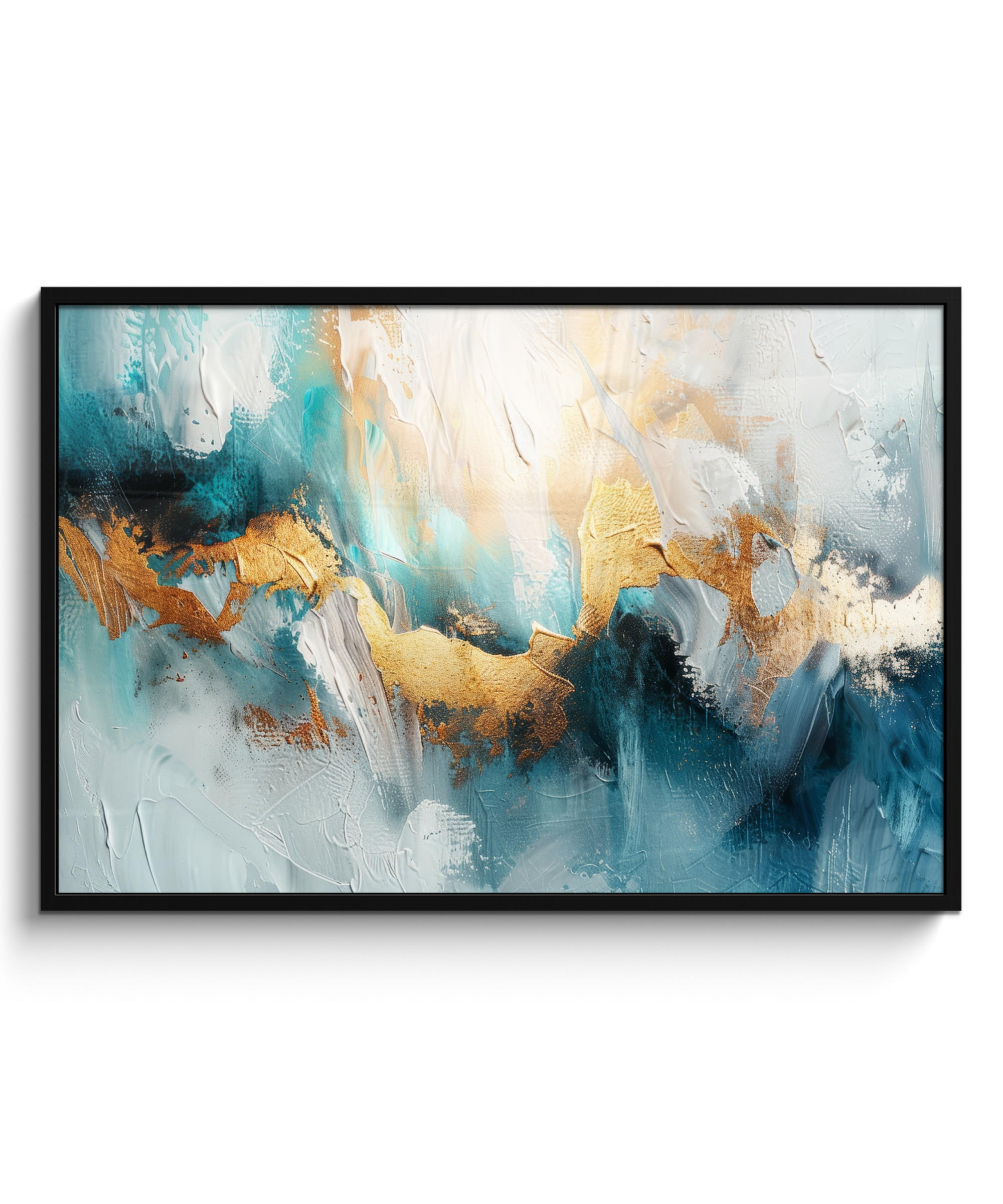 POSTER MIT RAHMENGERAHMTES BILD Abstrakt - Kunst - Gold - Blau 120x80 cm - Petrol, Papier (120/80cm) - MuchoWow