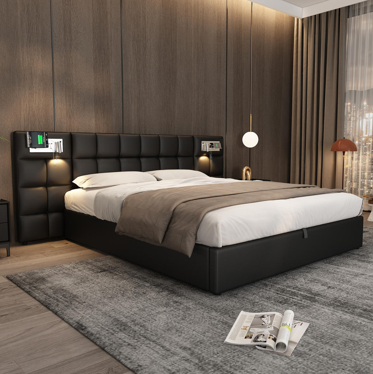 POLSTERBETT mit Stauraum, USB & Ladefunktion 180x200 cm PU Black - Schwarz, Metall (180/200cm) - Meubliv