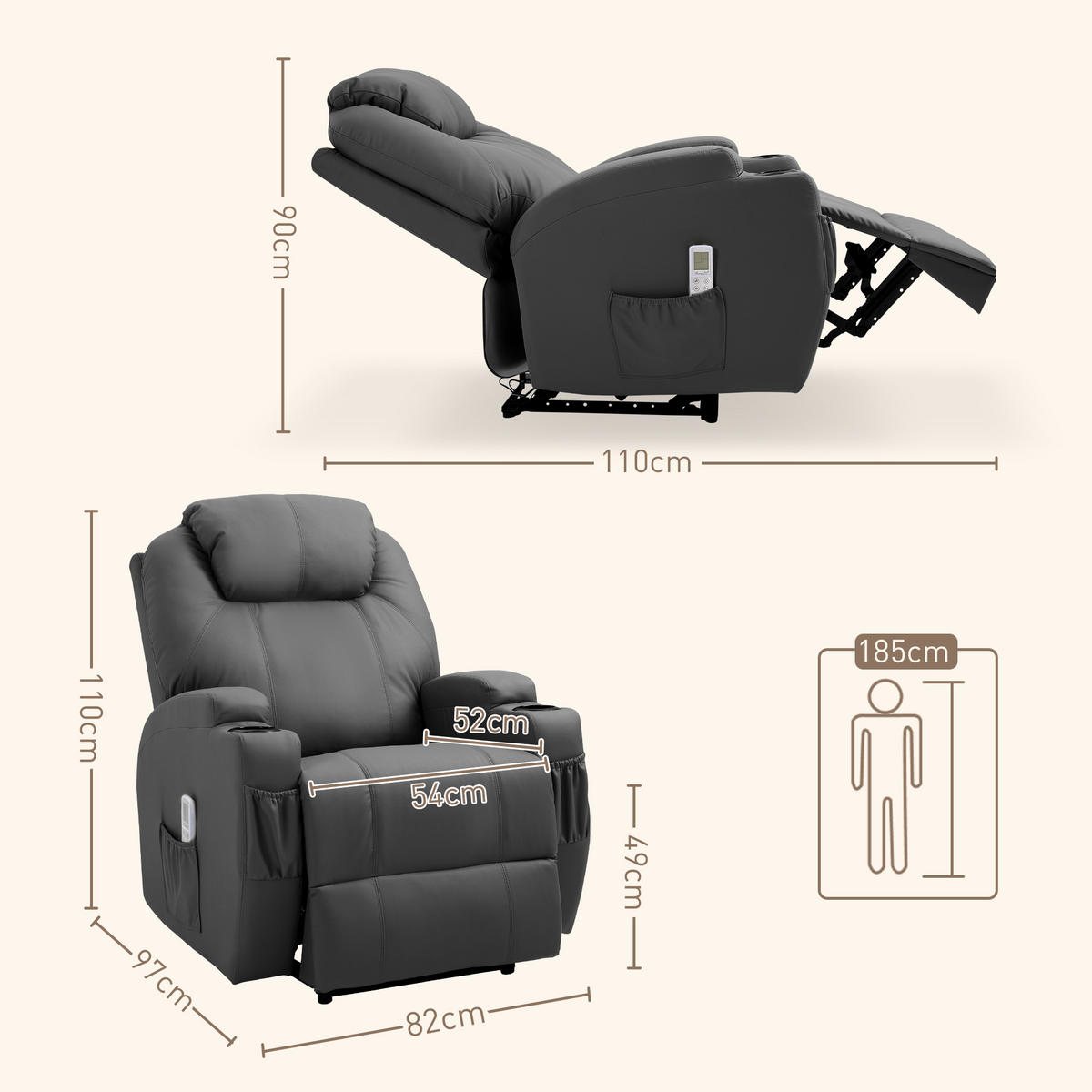 RELAXSESSEL mit Massagefunktion, Elektrisch Fernsehsessel mit Liegefunktion - Dunkelgrau/Schwarz, Leder (97/110/82cm) - HOMCOM