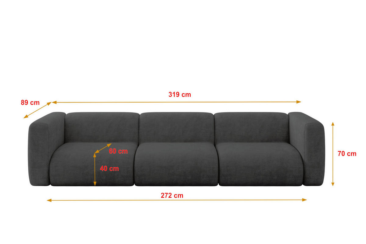 MODULÁRNÍ pohovka MIRA-S2, 3místná, 319 × 89 × 70 cm, tmavě šedá, velur - černá/tmavě šedá, kompozitní dřevo/textil (319/70/89cm) - ALTDECOR