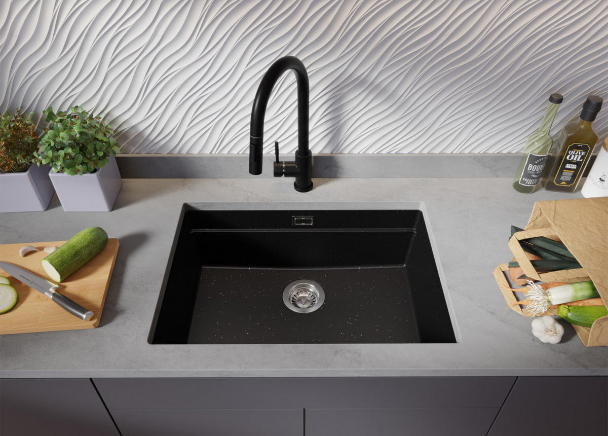 UNTERBAUSPÜLE GRANIT Praga, 2-er set Schwarz Metallic 66/47 cm 1 Becken + Ablauf-Set + Aufrollbare Abtropffläche ab 70er Unterschrank - Chromfarben/Schwarz Hochglanz, Kunststoff (66/20/47cm) - Primagran