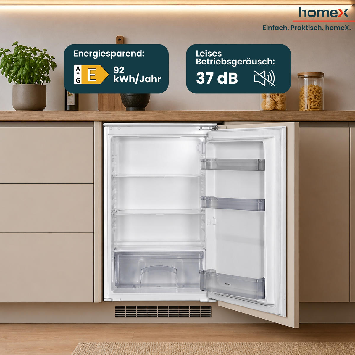 KÜHLSCHRANK Einbau, ohne Gefrierfach, 88cm Nische, 129 Liter, Schlepptürtechnik, CB1291E - Weiß, Glas/Kunststoff (54/89/54cm) - homeX