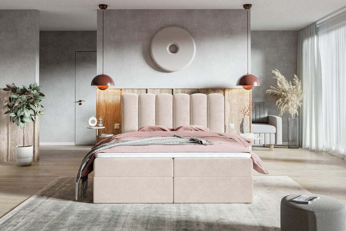 BOXSPRINGBETT 140x200 Rimini mit Matratze und Bettkasten, Beige - Beige, Holz/Textil (140/200cm) - Emporius