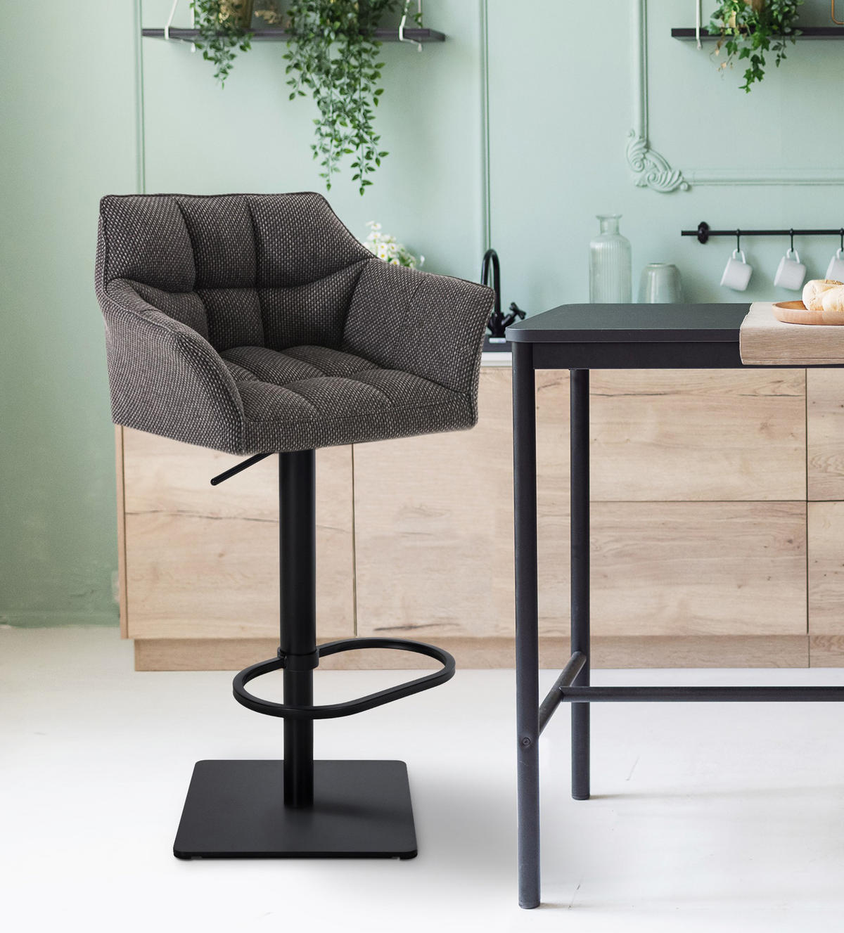 BARHOCKER 2er Set Damaskus Stoff schwarz titangrau - Anthrazit/Schwarz, Textil/Metall (64/110/48cm) - TPFLiving