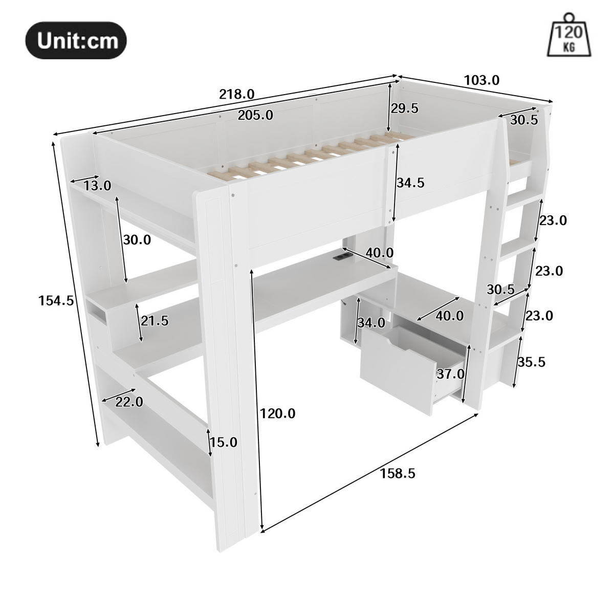HOCHBETT mit Schreibtisch 90/200 cm in Weiß – mit LED, Regal und Schublade - Weiß, Holz (90/200cm) - BEAOK