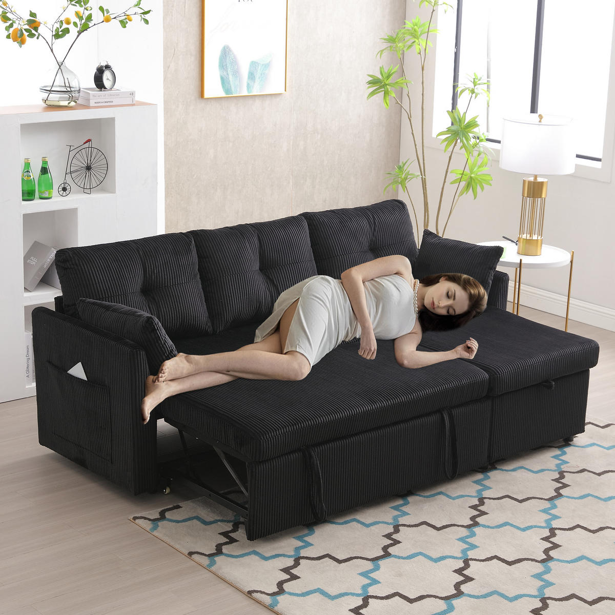 SCHLAFSOFA mit Stauraum, Ausziehbett und wechselbarer Chaiselongue - Schwarz, Textil (206/66/108cm)