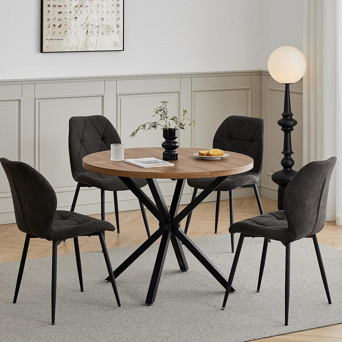 ESSZIMMERSTUHL Leinenstoff Gepolstert Metallbeine Schwarz 4-teilig - Schwarz, Textil (48/84/41cm)