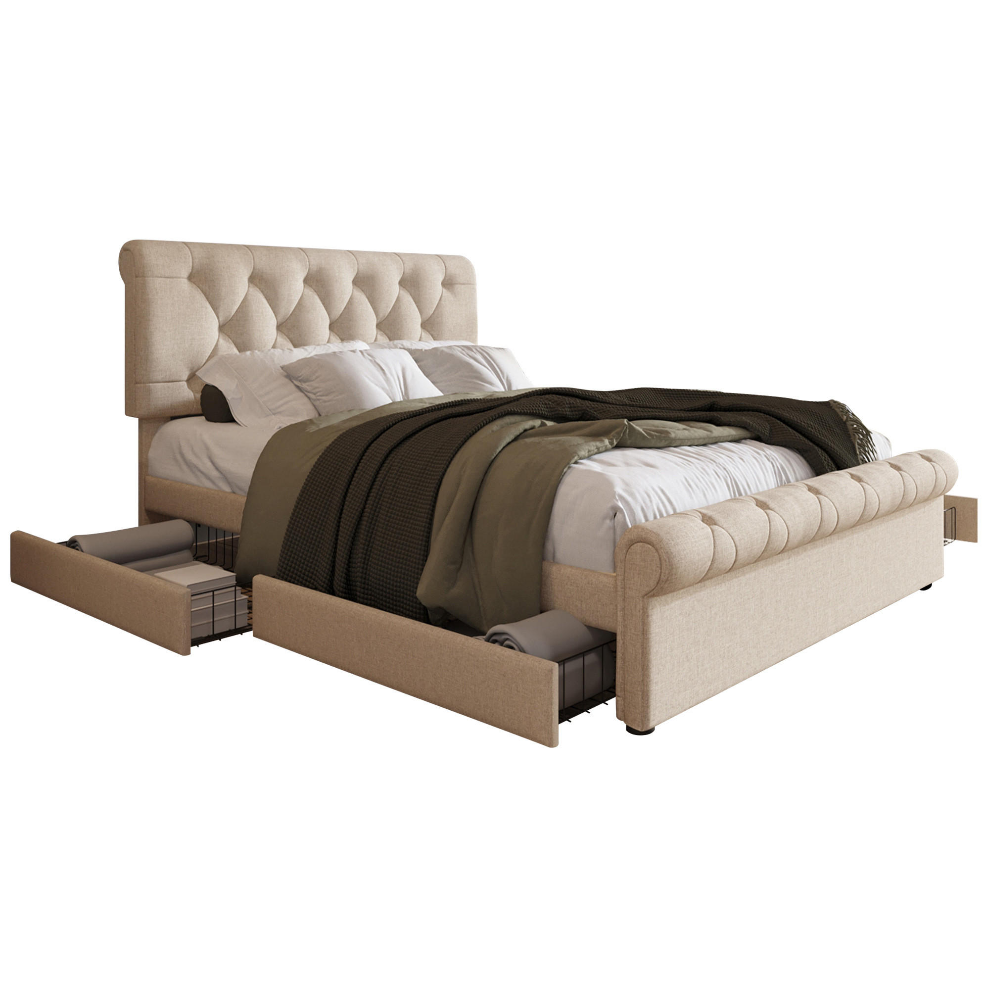 POLSTERBETT 140/200 cm mit 4 Schubladen & höhenverstellbarem Kopfteil, Chesterfield, Natur - Naturfarben, Metall (140/200cm) - Redom