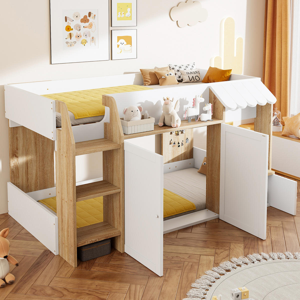 HOCHBETT 90/200 cm Weiß/Natur aus Holz mit Hausrahmen und Stauraum - Weiß, Holzwerkstoff (90/200cm) - OKMYHOME