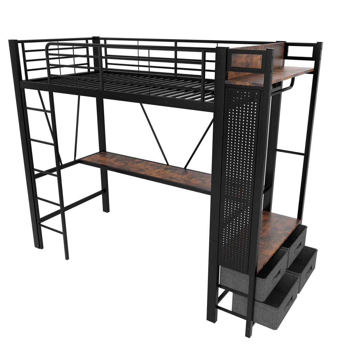 HOCHBETT 90x200cm Schwarz Metall Schreibtisch Trockenstab 4 Schubladen USB-C - Schwarz, Metall (90/200cm) - FLIEKS