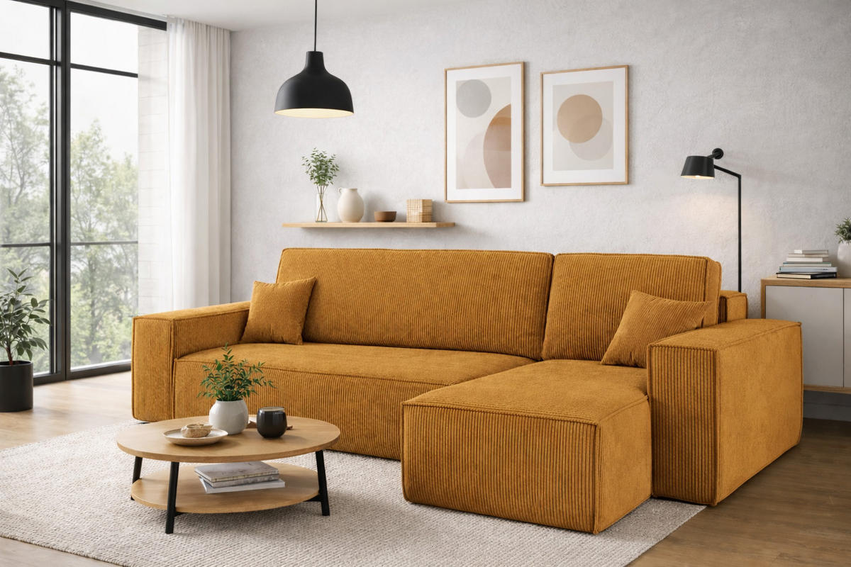 ECKSOFA Mit Schlaffunktion Und Bettkasten BEST Stoff Poso Dicker Cord Senffarbe Rechts - Gelb, Holz/Textil (244/142cm) - Kaiser Möbel