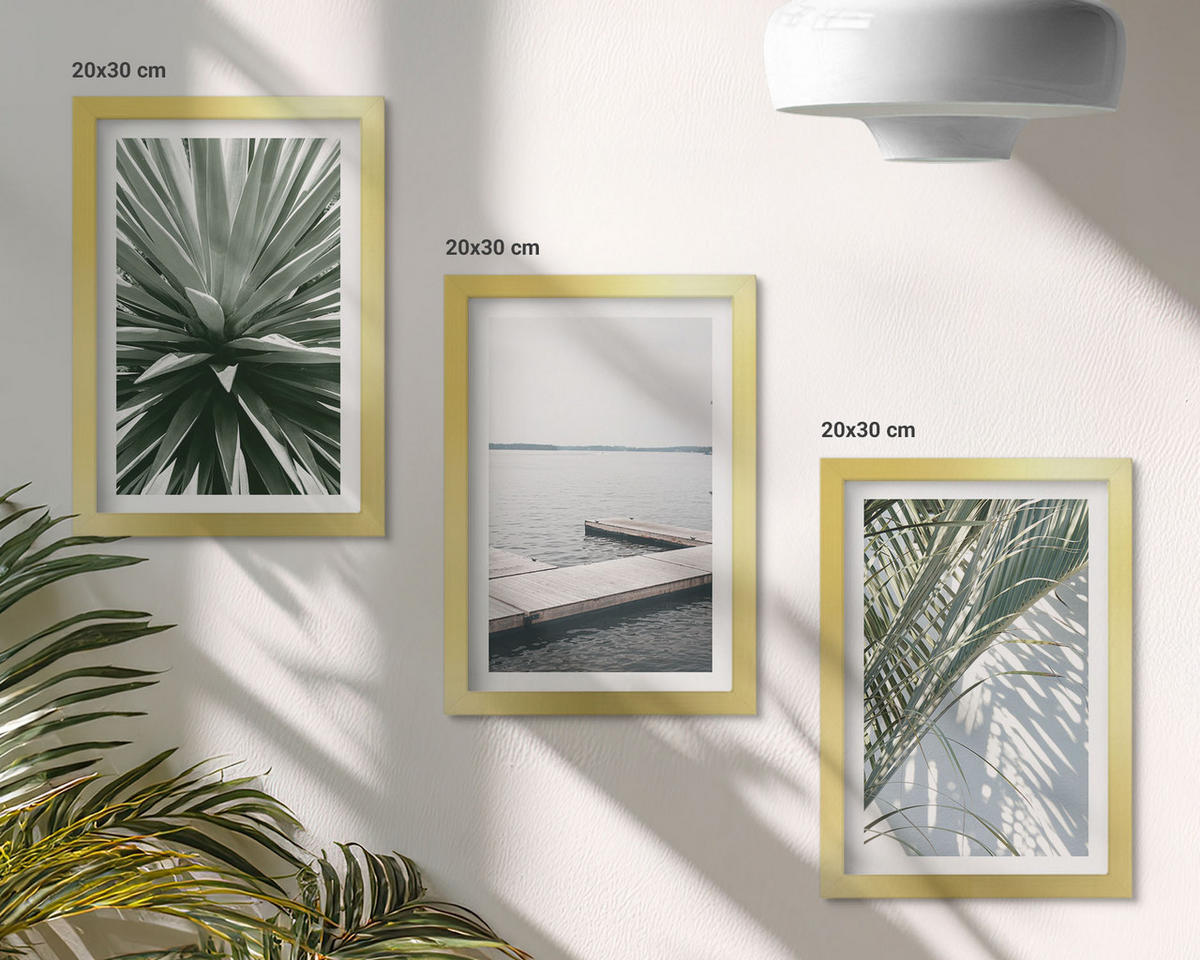 WANDBILDER 3er Set - 20x30 cm Goldrahmen - Palmenblätter-Holzbrücke - Goldfarben, Kunststoff (20/30cm) - ArtPrintCave