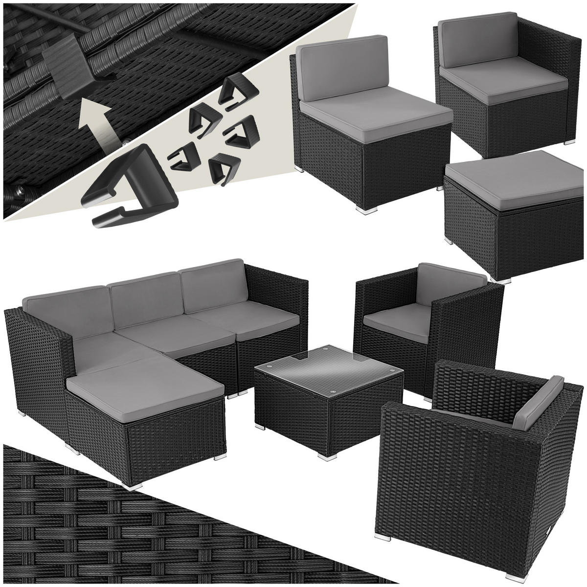 RATTANLOUNGE Lignano,variabel aufstellbar,schwarz - Schwarz, Kunststoff - tectake
