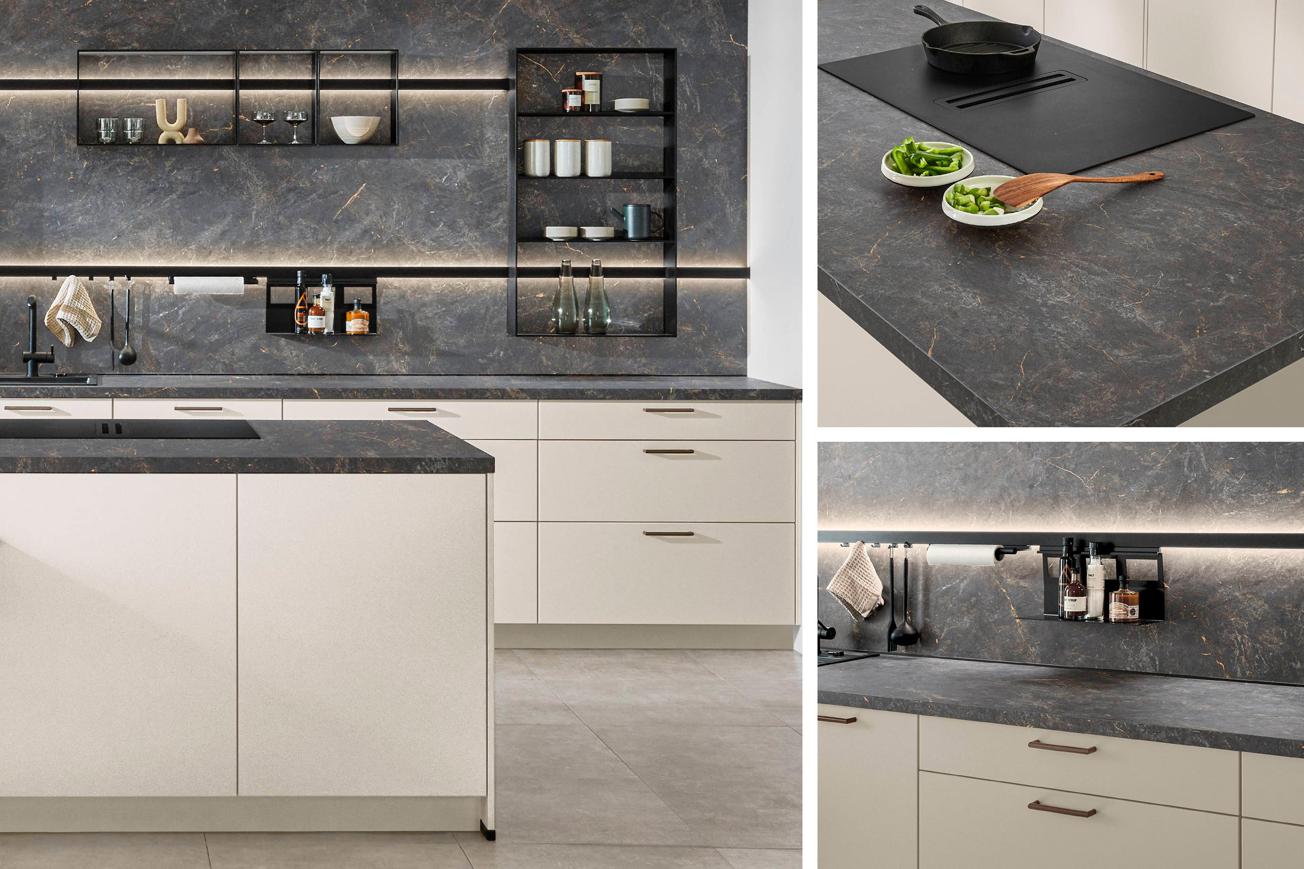 Collage mit 3 Detailaufnahmen einer modernen Küche, die durch eine Arbeitsplatte in Granit Bronze als Highlight und Kontrast zu den hellen Fronten.