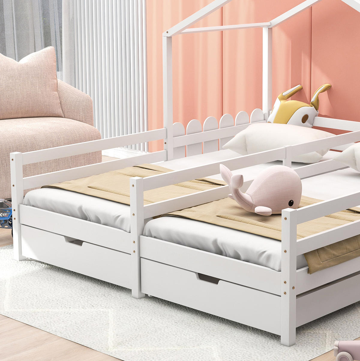 KINDERHAUSBETT aus Kiefer und MDF 200x90 cm Weiß mit 2 Schubladen und Schutzgitter - Weiß, Holzwerkstoff (90/200cm) - IVMEU