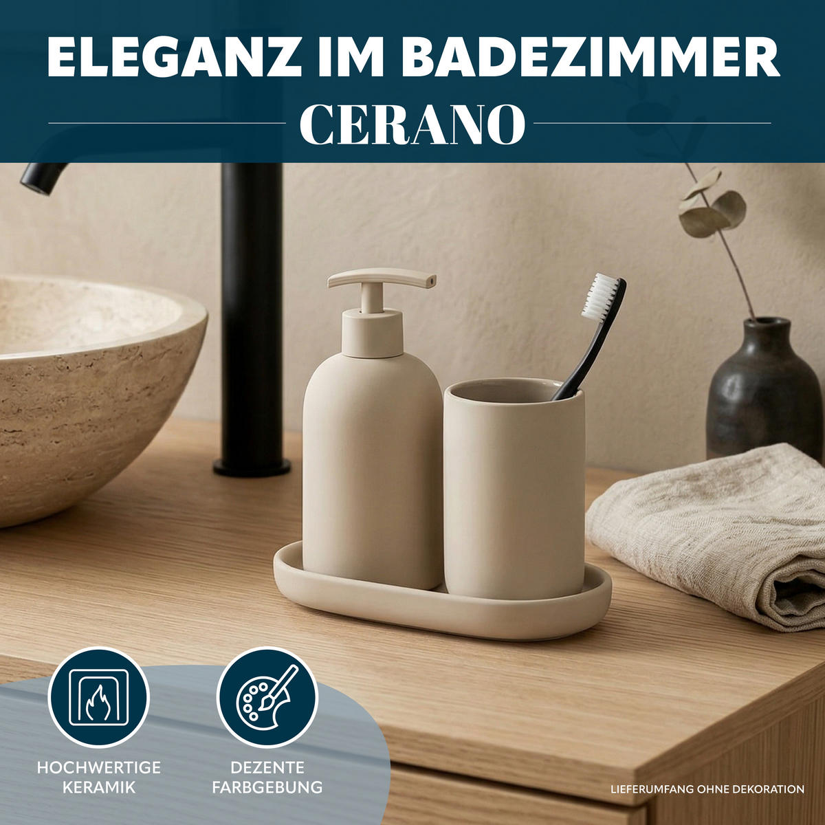 BAD-ACCESSOIRES-SET CERANO, Soft-Touch, beige - Schwarz, Keramik (8/18/8cm) - eluno