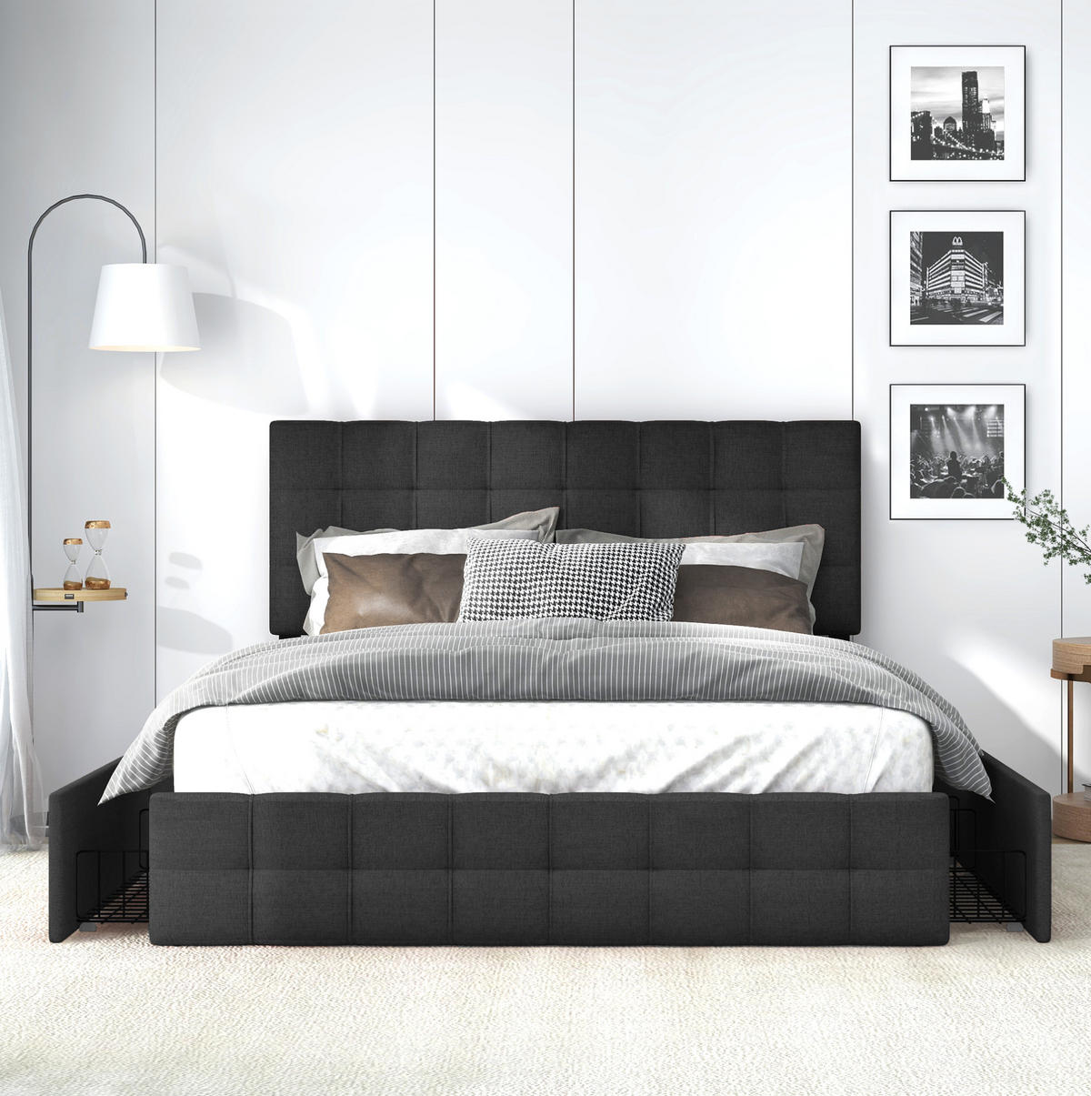 TAPECIRANI krevet 140/200 cm crni od lana s 4 ladice i podesivim uzglavljem - crna, tekstil (140/200cm) - OKWISH