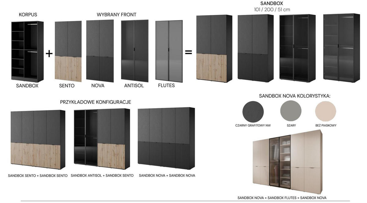 KLEIDERSCHRANK Sandbox Antisol Schwarz, Drehtürenschränk mit LED - Schwarz, Holzwerkstoff (101/200/51cm) - Bettso