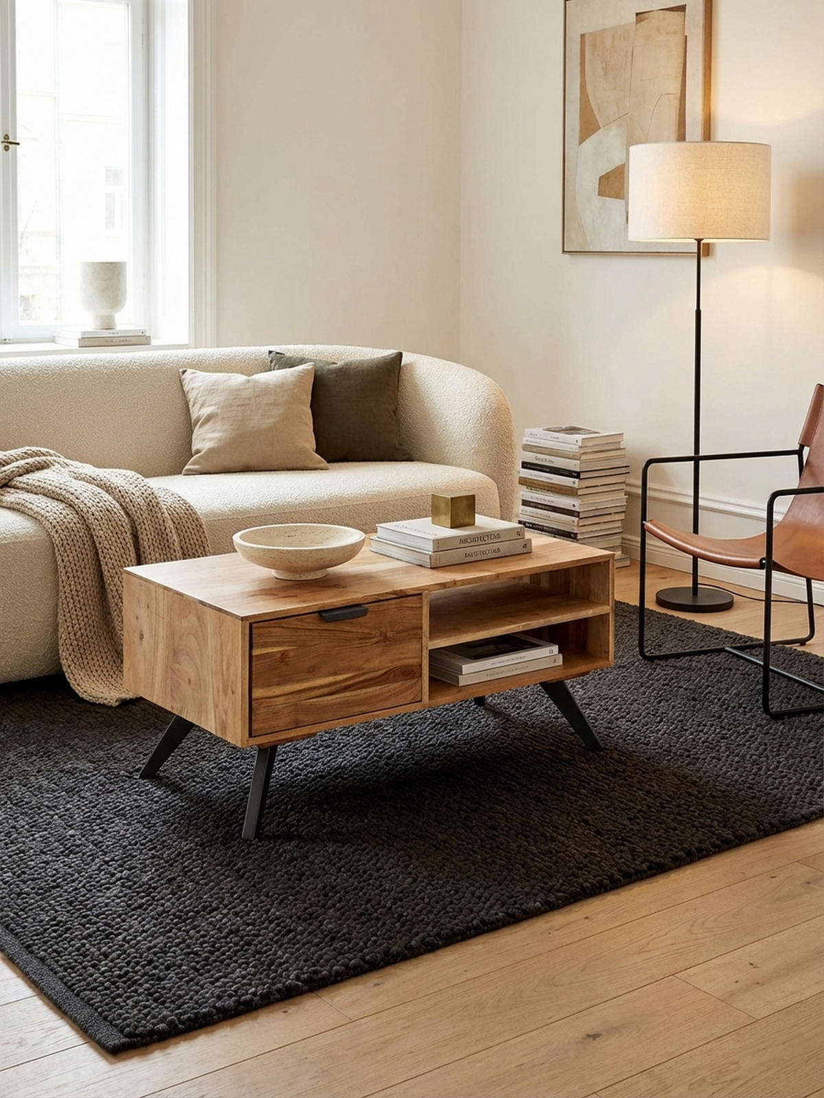 COUCHTISCH Massivholz und Metall, Modernes Design, Großer Stauraum, Robuste Beine - Beige/Anthrazit, Holz/Metall (45/95/45cm) - KADIMA DESIGN