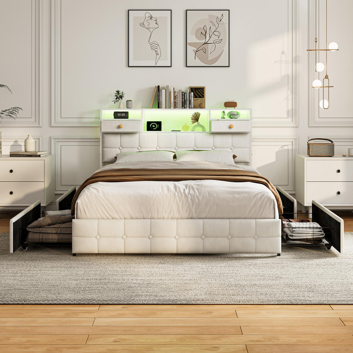 POLSTERBETT 140x200 cm mit LED, USB & 4 Schubladen, Cremeweiß - Creme, Metall (140/200cm) - EuroLiving