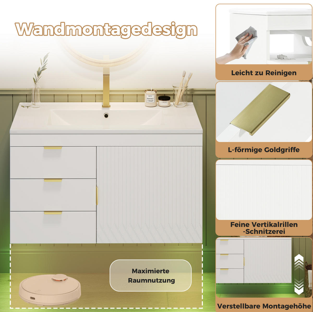 BADEZIMMERSCHRANK MDF 76x46x51 cm Weiß mit LED-App-Steuerung, Keramikwaschbecken, Wandmontage - Weiß, Holzwerkstoff (76/51/46cm) - Modfu