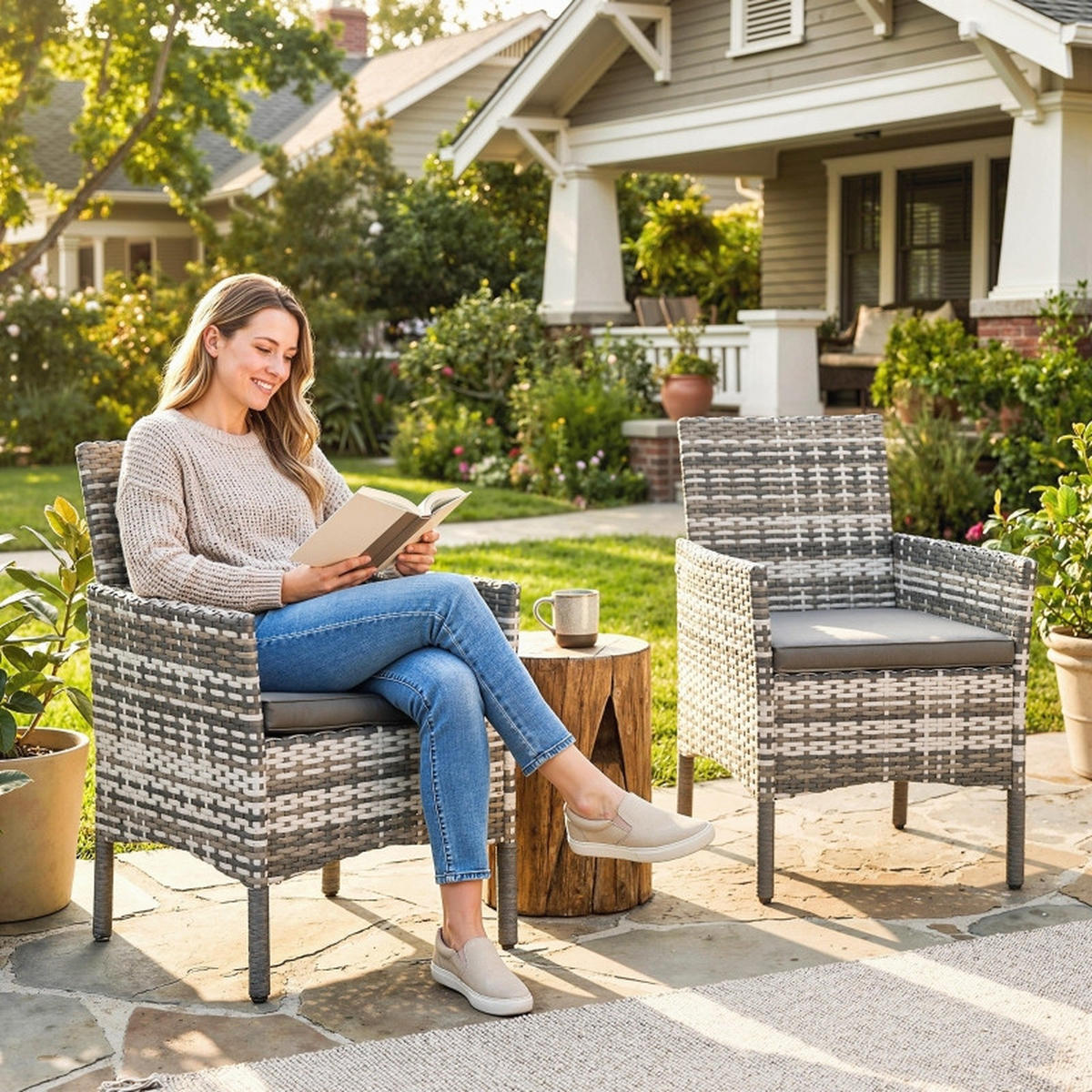 GARTENSTUHL 2er Set Polyrattan Kissen Stahlrahmen grau - Grau, Naturmaterialien (62/87/58cm) - LEBENLANG