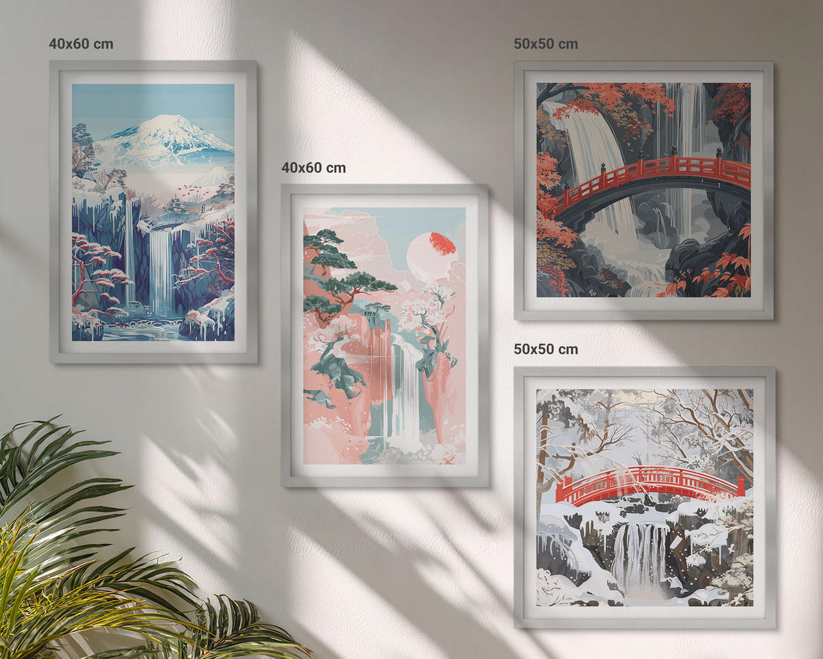 WANDBILDER 4er Set - 50x50 cm & 40x60 cm Silberner Rahmen - Wasserfälle, Berge, Brücken, Bäume - Silberfarben, Kunststoff (50/50cm) - ArtPrintCave