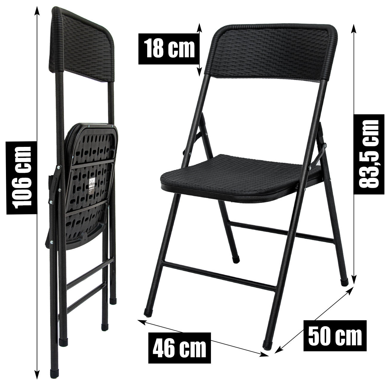 KLAPPSTÜHLE 4er Set in Rattan-Optik bis 150kg 50x46x83,5 cm - Schwarz, Kunststoff (50/83.5/46cm) - Amanka