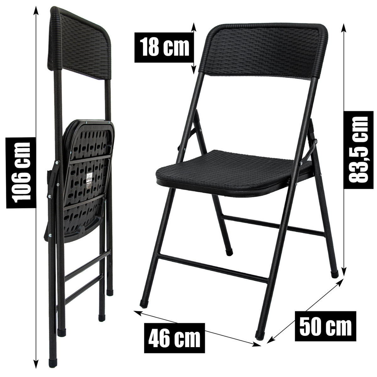 KLAPPSTÜHLE 4er Set in Rattan-Optik bis 150kg 50x46x83,5 cm - Schwarz, Kunststoff (50/83.5/46cm) - Amanka