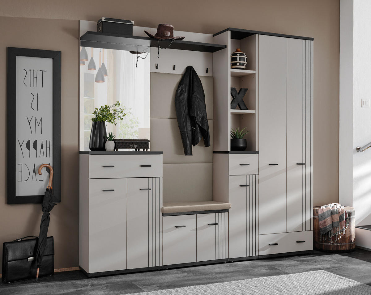 GARDEROBEN-SET Kaschmir, schwarz 6-teilig 210 cm, Flurgarderobe mit viel Stauraum - Kaschmir/Schwarz, Glas/Holzwerkstoff (210/203/32cm) - Inn.Furn