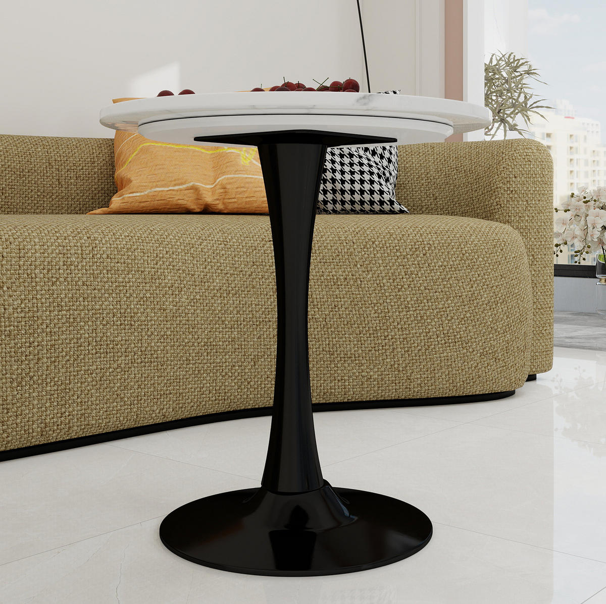 KONFERENČNÍ stolek 70/70/72 cm černá bílá z umělého mramoru s kulatou deskou - bílá, kámen (70/70/72cm) - OKWISH