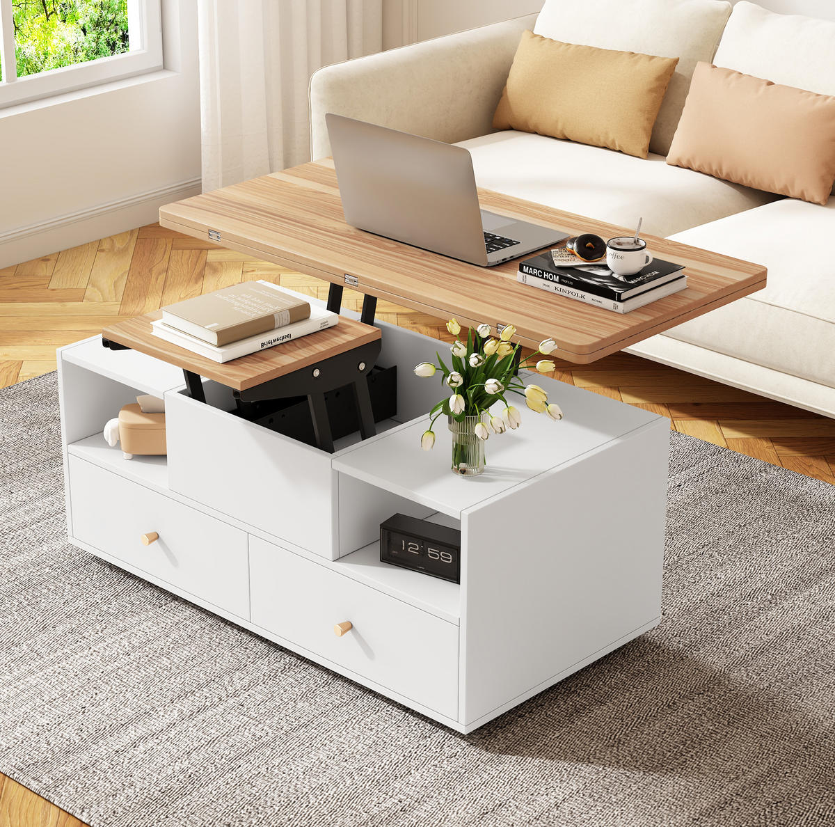 KONFERENČNÍ stolek, 100/50/47,5 cm, MDF v dekoru přírodního dřeva a bílé, výškově nastavitelný - přírodní, kompozitní dřevo (100/50/47.5cm) - BEAOK