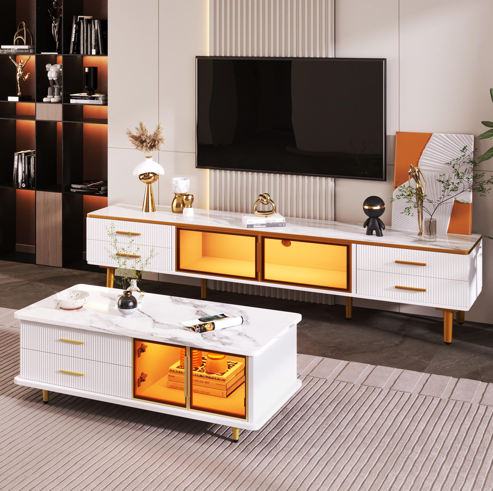 LOWBOARD TV-Schrank & Couchtisch mit LED, Marmoroptik, Weiß/Gold - Weiß, Holzwerkstoff (170/47.5/37cm) - Flora Grace