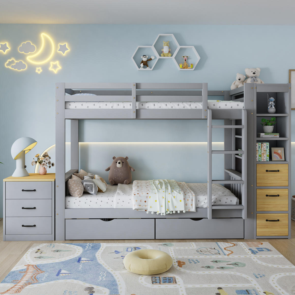 ETAGENBETT aus Massivholz, Sperrholz, Spanplatte und MDF 90x200 cm Hellgrau mit Stauraum, Leiter und Nachtkommode - Hellgrau, Holz (90/200cm) - Modfu