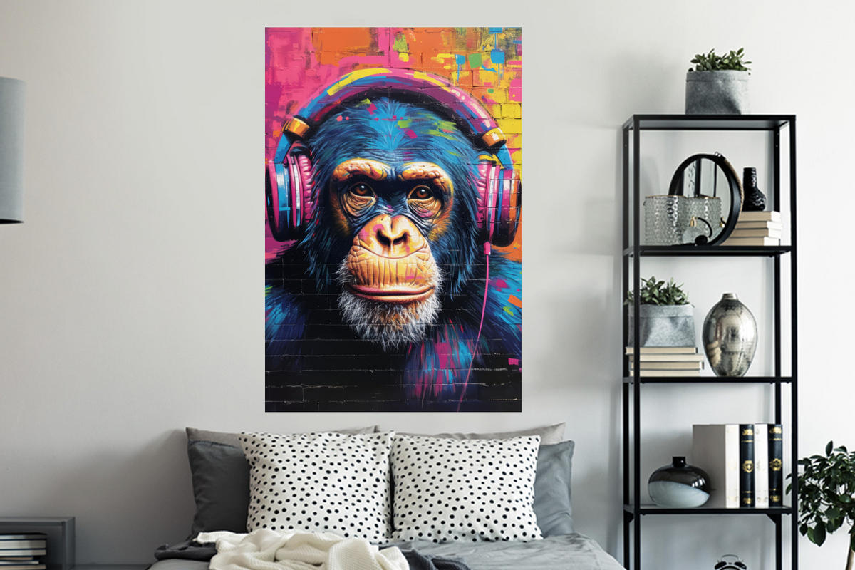 WANDTATTOO Graffiti - Schimpanse - Straßenkunst - Kopfhörer - Affe 80x120 cm - Blau, Kunststoff (80/120/0.1cm) - MuchoWow