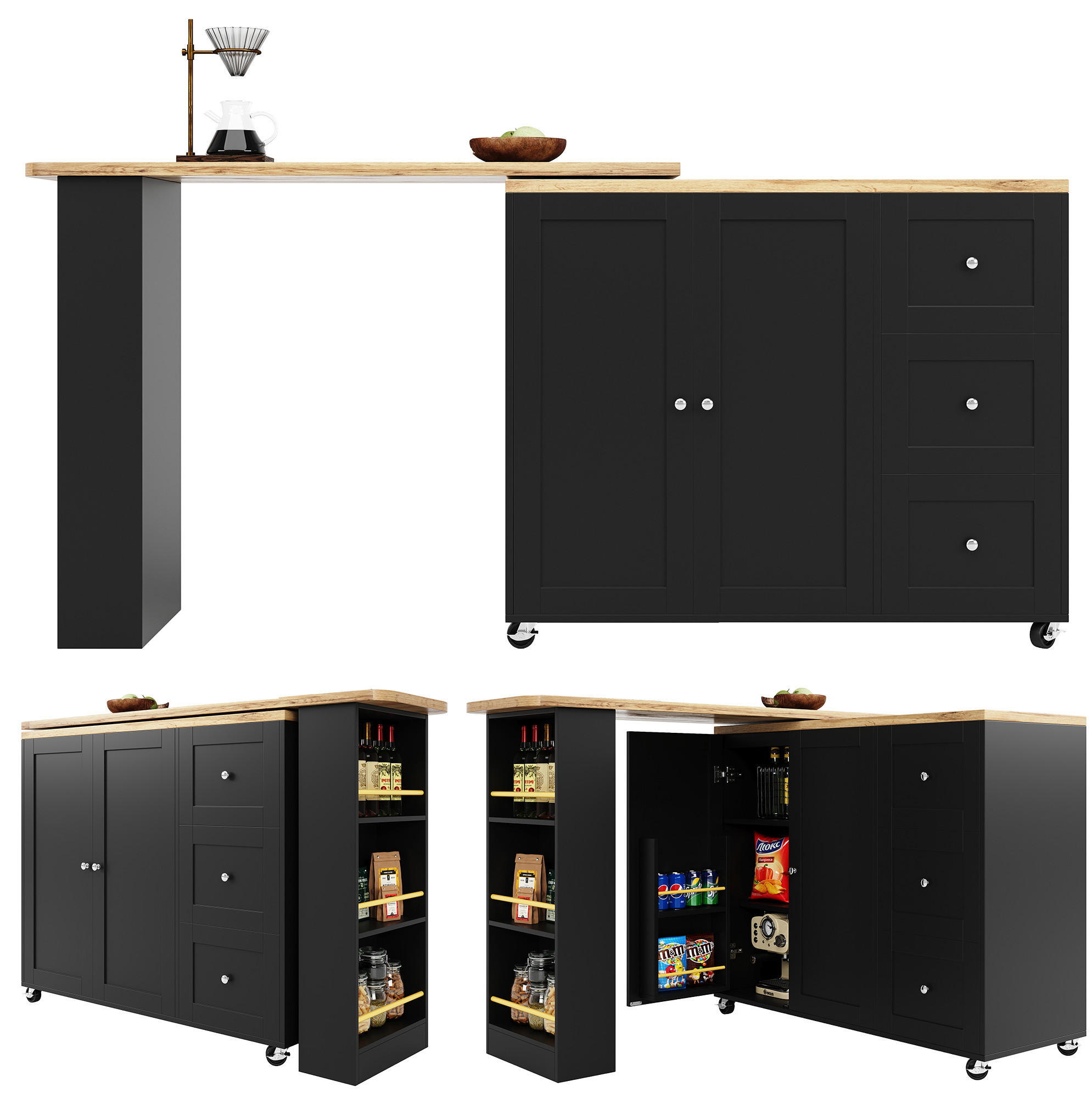 KÜCHENINSEL 135-203/39/106 cm drehbar auf Rollen mit 3 Schubladen und Snackregal, Schwarz - Schwarz, Holzwerkstoff (203/106/39cm) - Redom