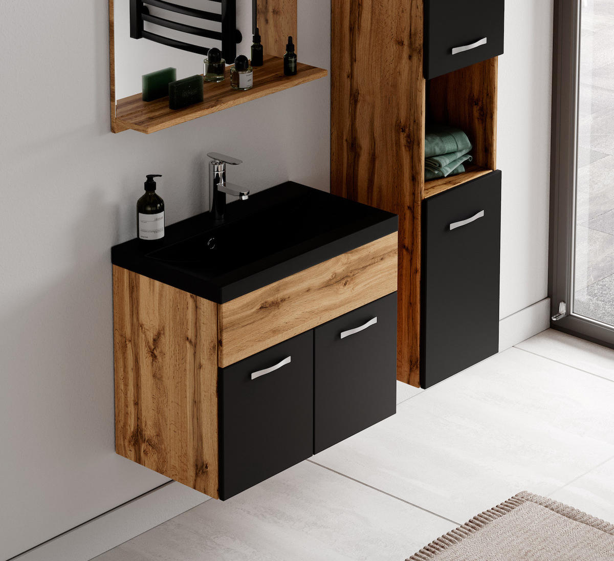 BADMÖBEL-SET Montreal 3 Teile Eiche / Schwarz - Schwarze Waschbecken - 60 x 35 x 51 cm - Eichefarben/Schwarz, Holz (60/51/35cm) - Badplaats