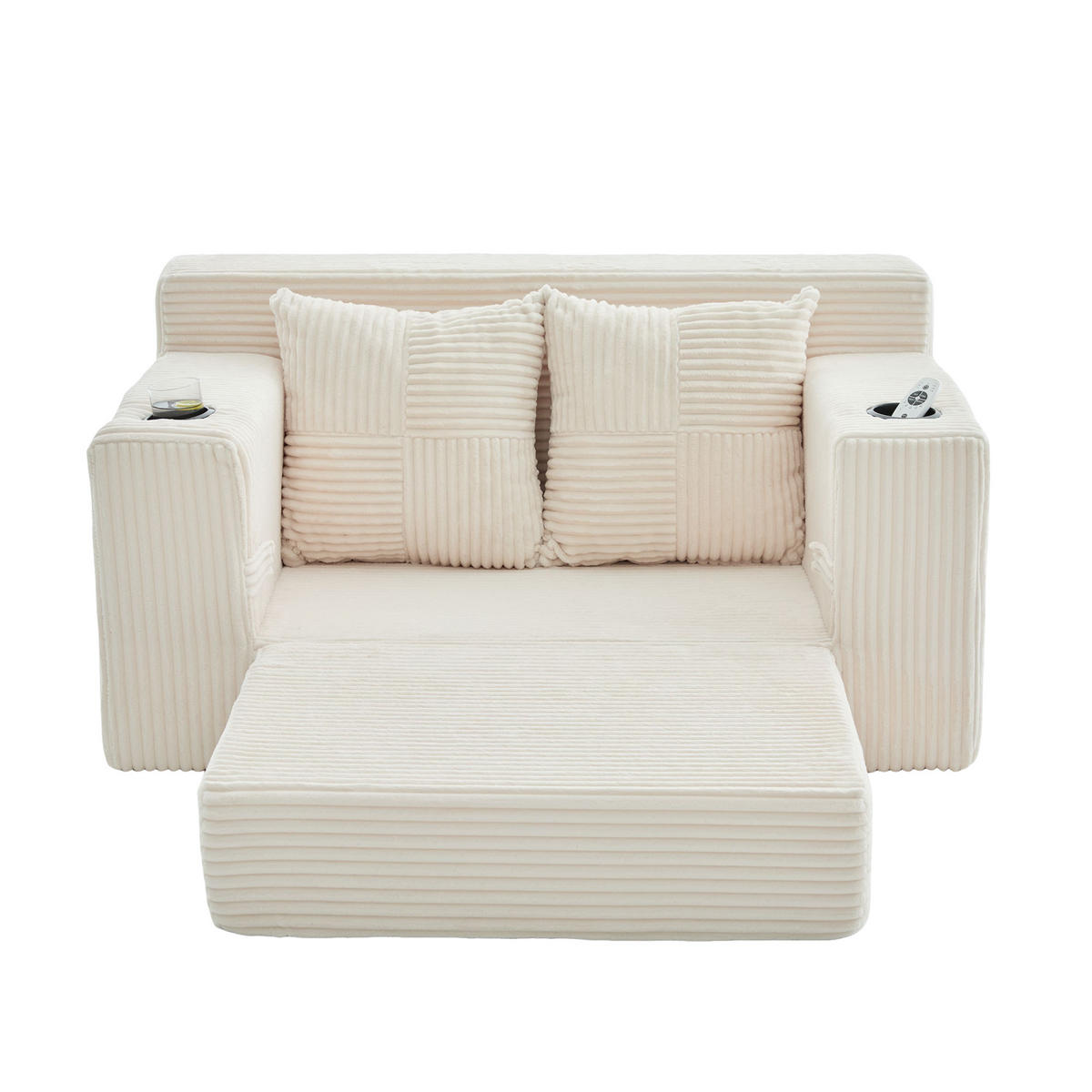 SCHLAFSOFA 2-in-1 mit Hocker, 2 Kissen und Becherhalter, DE-42913, Beige - Beige, Textil (133/64/87cm) - ComfortXL