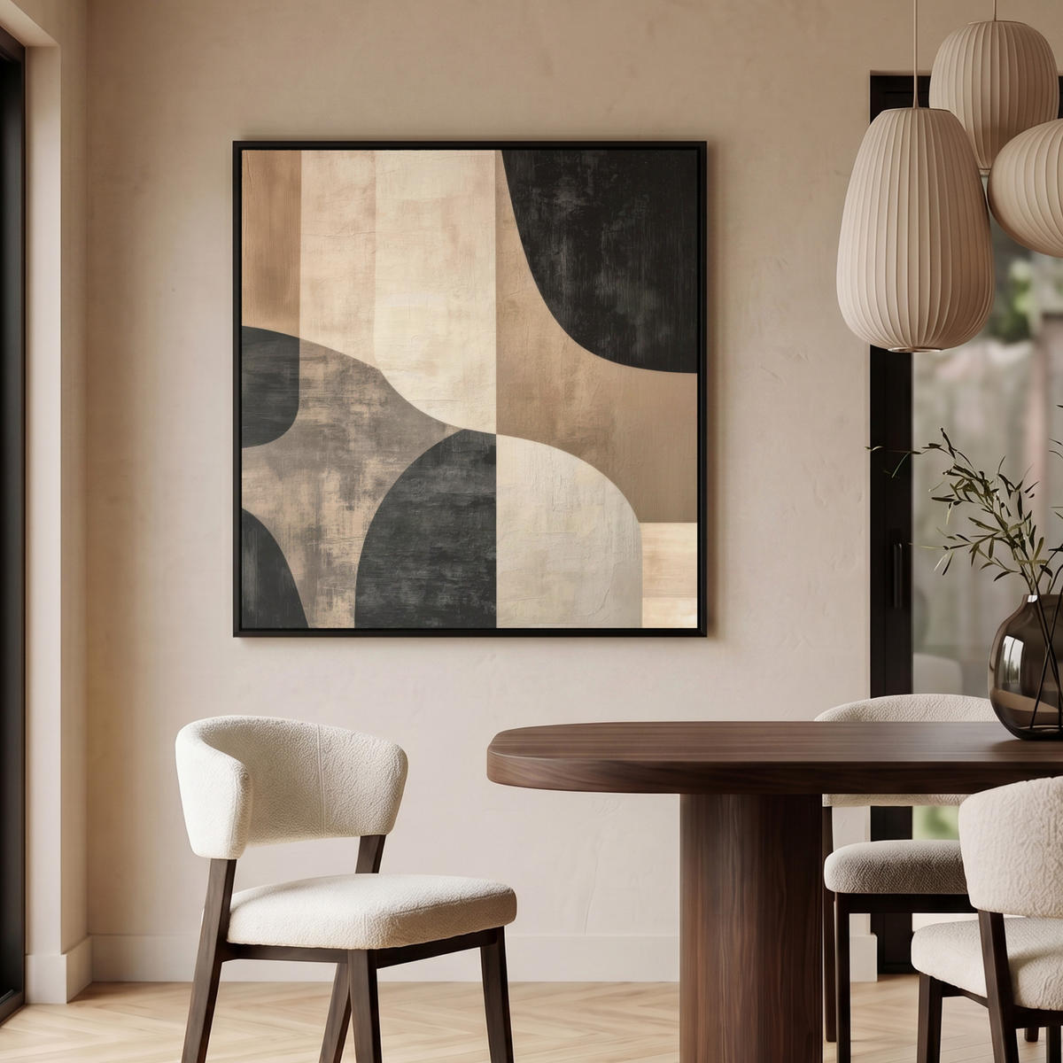 LEINWAND Bilder mit Rahmen - Abstrakt - Flugzeuge - Schwarz - Rund - 90x90 - Beige, Textil (90/90cm) - MuchoWow